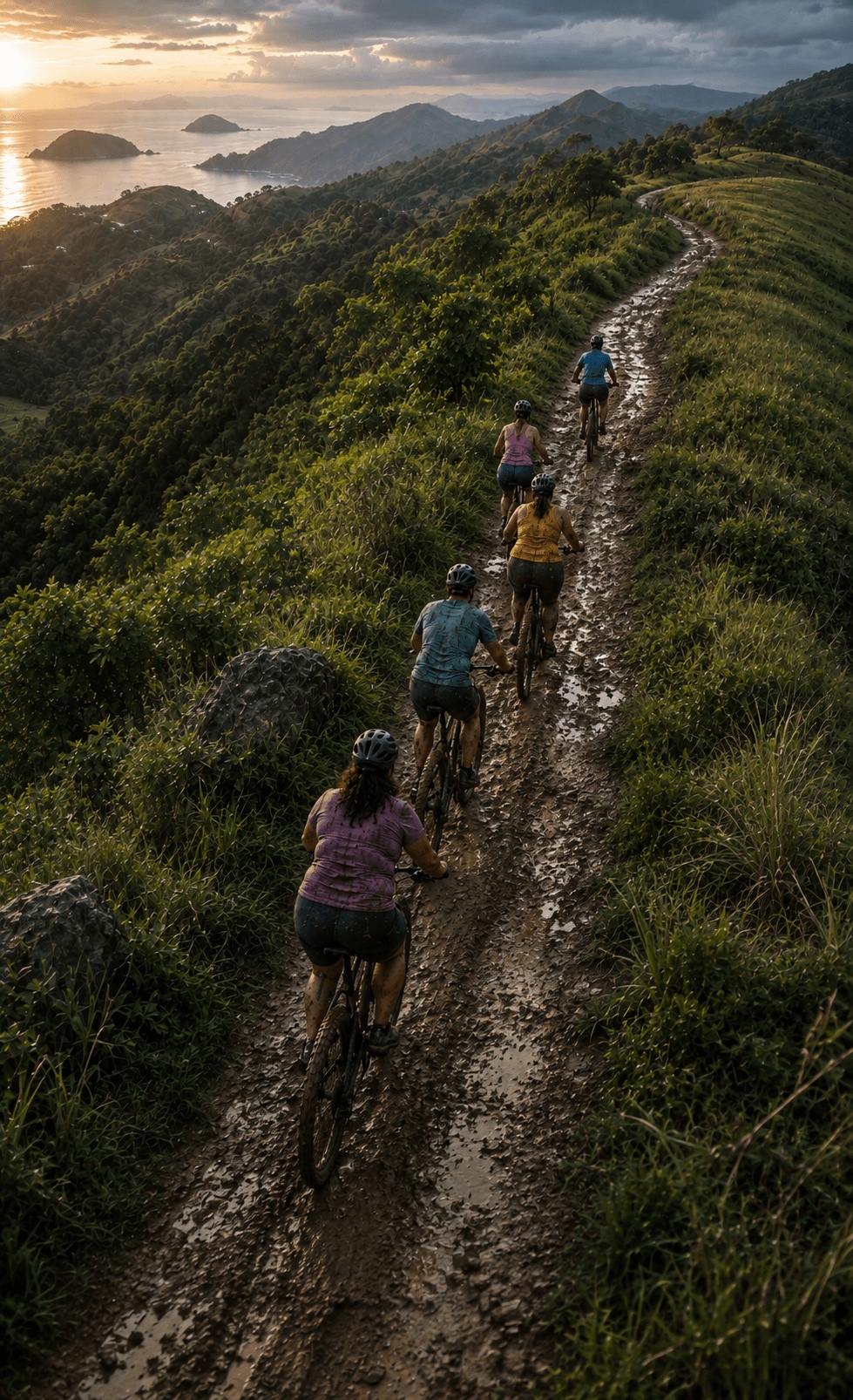 Grupo de pessoas pedalando juntas numa trilha cercada por pequenos morros e verde